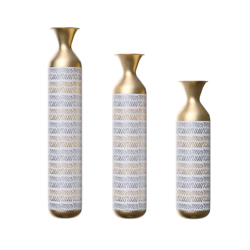 Floor Metal Decorative Vase Tall Distressed Metallic Centerpiece Vases with Pattern, Set of 3 Vases