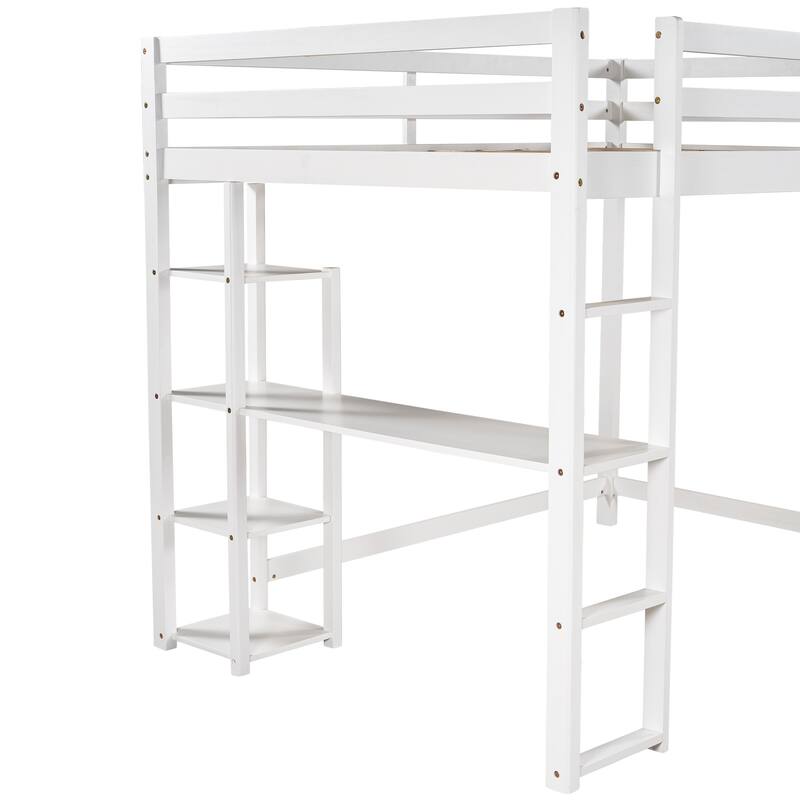 Full Size Loft Bed with Builtin Desk & Shelves, Wooden Loft Bed Frame