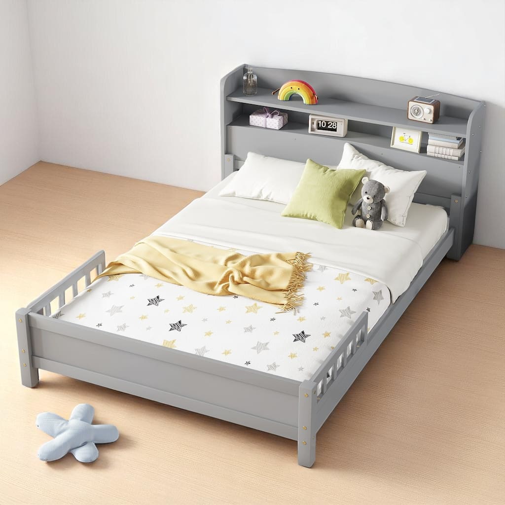 Full Size Bed with Bookcase Headboard, LED Light, Pine Wood, and Guardrails