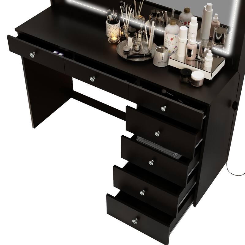 Boahaus Vanity Desk, Crystal Knobs, LED Lights, 7 Drawers