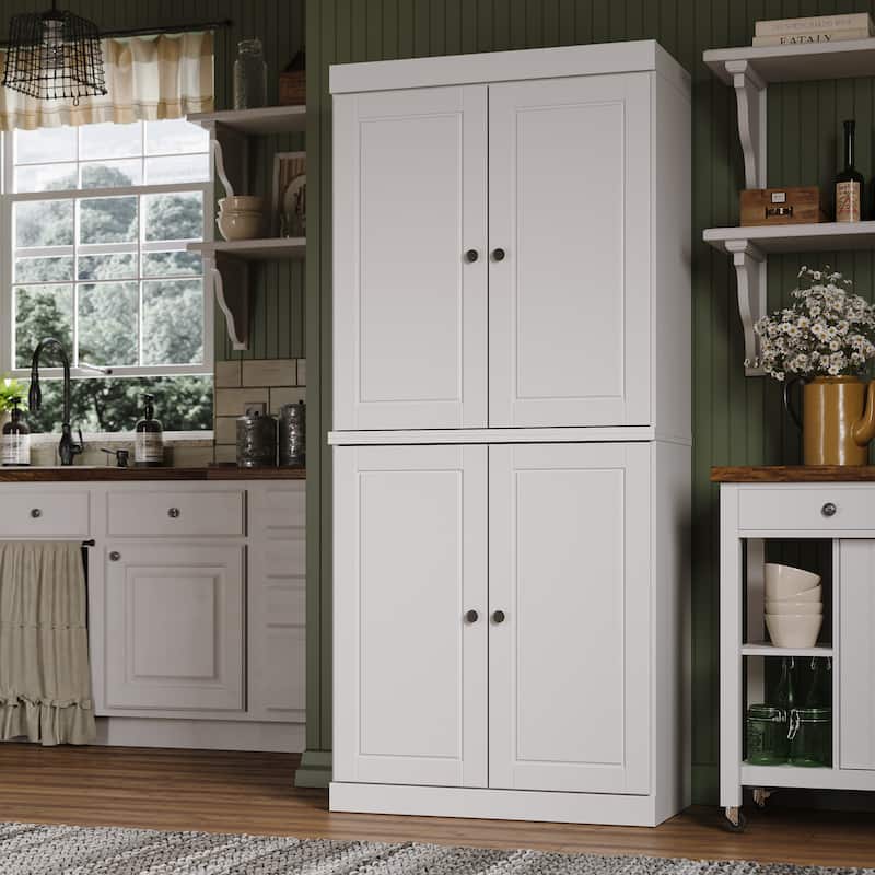 Palace Imports 100% Solid Wood Pantry Cabinet with Frosted, Clear Glass or Solid Doors, 2-Drawers and Adjustable Shelves