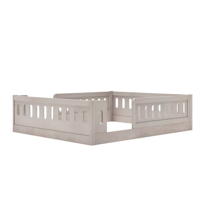 Kids Wood Floor Bed with Semi-Enclosed Guardrail and No-Slat Design