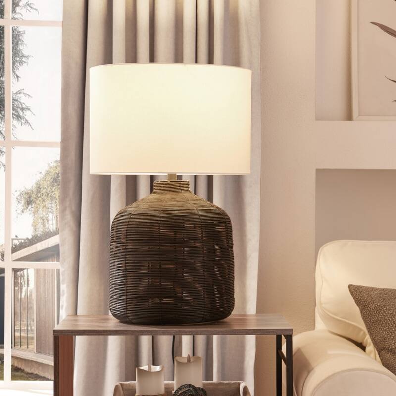27" Coastal Rattan Table Lamp with Linen White Drum Shade and Included 72" Cord for Bedroom or Living Room