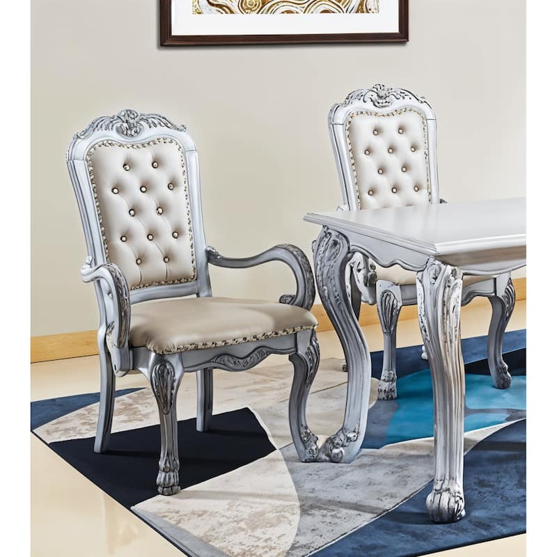 HomeRoots Set of Two Tufted White Upholstered Faux Leather And Wood Dining Arm Chairs - 26.00 in. x 46.00 in. x 29.00 in. - Set of 2 - 26.00 in. x 46.00 in.  x 29.00 in. - White