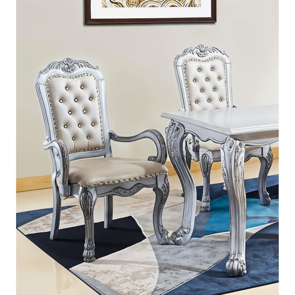 HomeRoots Set of Two Tufted White Upholstered Faux Leather And Wood Dining Arm Chairs - 26.00 in. x 46.00 in. x 29.00 in.