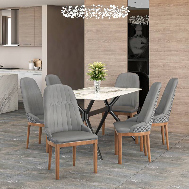 Leather Dining Chair with Rubberwood Legs Set of 4 Side Charis Sleek Diamond Stitching Back