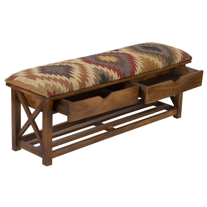 Handmade Kilim Upholstered Storage Bench (India) - 47" L x 10" W x 16" H