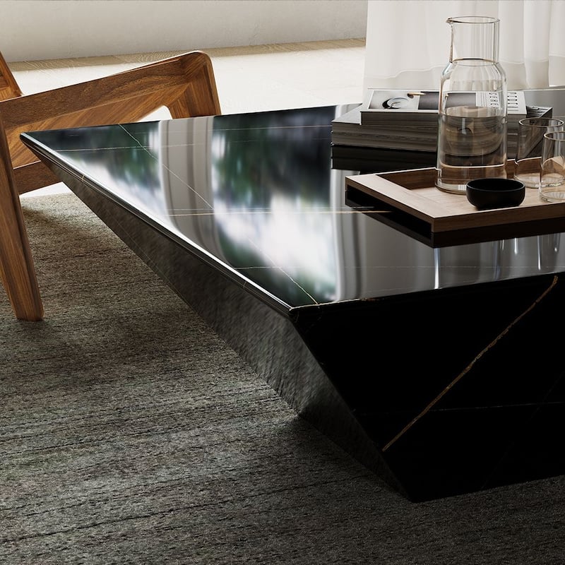 Modern Square Coffee Table, Trapezoid White Sintered Stone Coffee Table, Fully-assembled