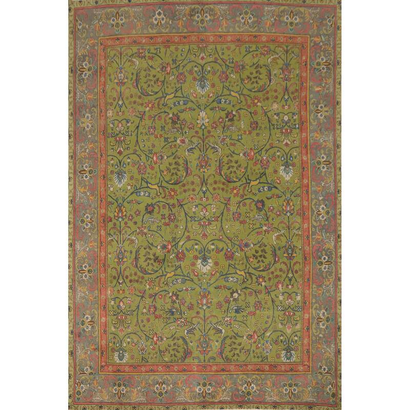 Hand Knotted Oriental 100% Wool Carpet Traditional Floral Green Tabriz Area Rug - 12' 7'' X 9' 9''