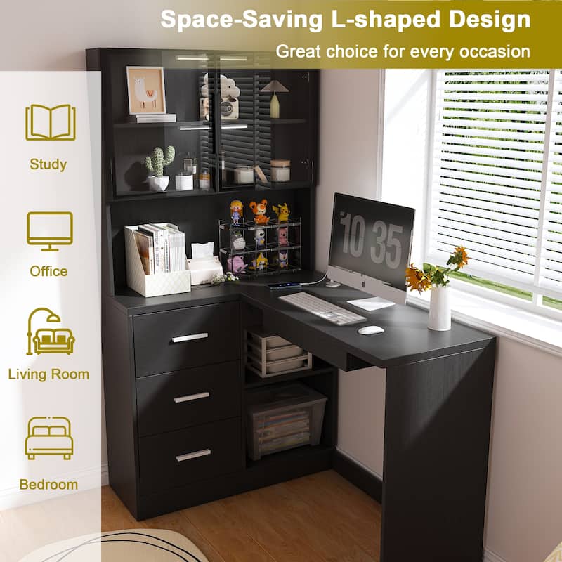 Computer Desk with Glass Cabinets & Built-In LED Lights, Corner L-Shaped Office Desk with USB Charging Ports, Keyboard Tray