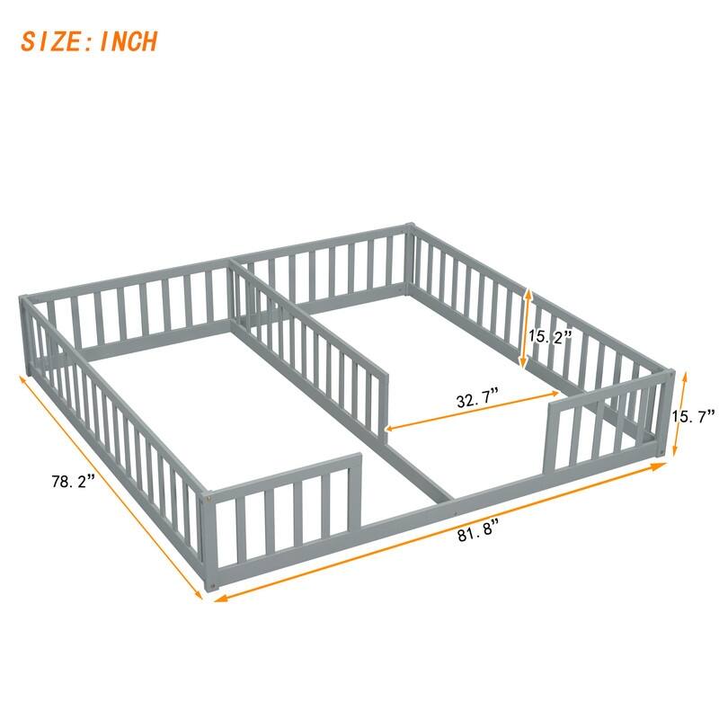 Twin Size Wood Double Floor Bed with Guardrails For Toddlers