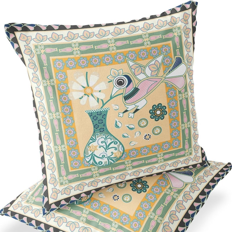 HomeRoots Set of Two 16" X 16" Beige and Green Peacock Blown Seam Floral Indoor Outdoor Throw Pillow - 16.00' X '16.00' X '5.00