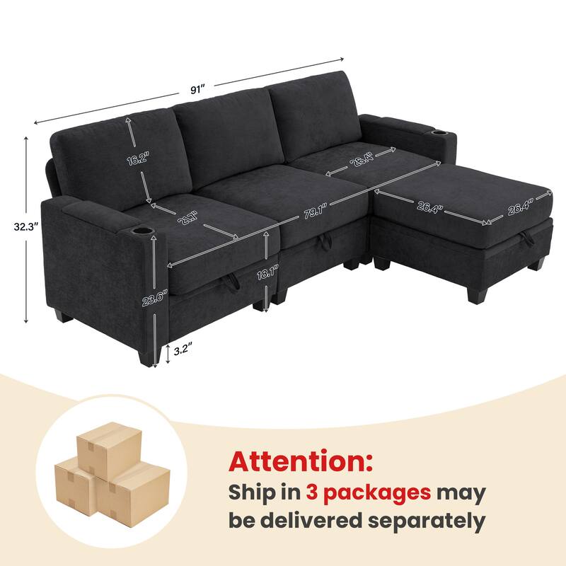 Chenille Sectional Sofa, Hidden Storage & Modular Design
