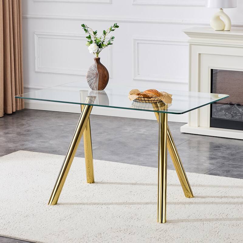 51-Inch Tempered Glass Dining Table with Sturdy Metal Legs - Gold