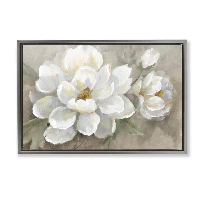 Stupell Blooming Magnolias on Beige Framed Floater Canvas Wall Art Design By Nan - 25 x 17 - Grey