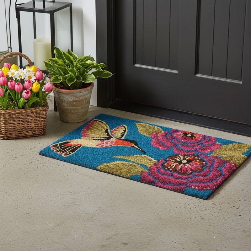 HomeRoots 24" X 36" Blue And Rose Floral And Hummingbird Outdoor Coir Door Mat - 24.00' X '36.00 - 24.00' X '36.00