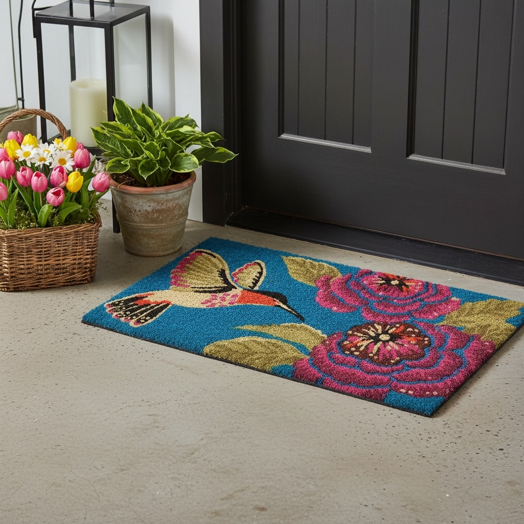 HomeRoots 24" X 36" Blue And Rose Floral And Hummingbird Outdoor Coir Door Mat - 24.00' X '36.00