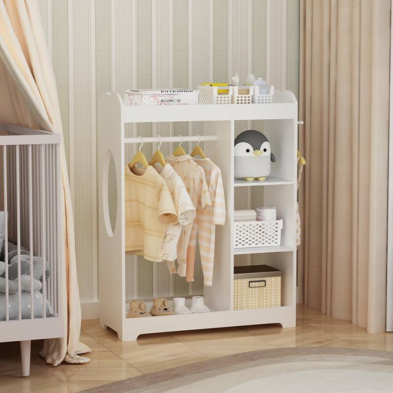 Kids Dress Up Storage with Mirror and Hooks, Wooden Clothes Rack with Hanging Rod, 3 Side Hooks, Storage Shelves and Top Shelf