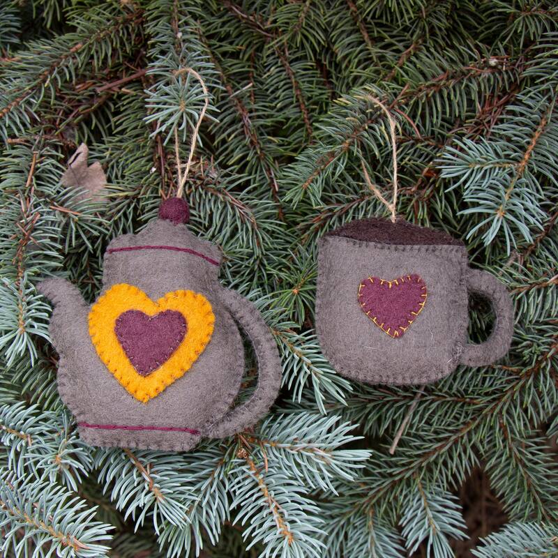 Handmade Felt Coffee Pot & Coffee Mug Ornament Set, Stone Grey
