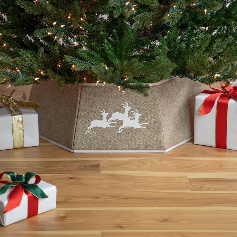 26" Beige Burlap with Reindeer Hexagonal Christmas Tree Collar