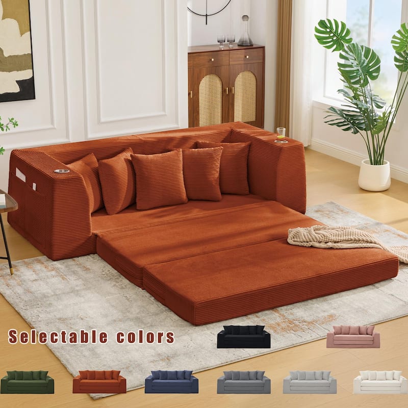 2 in 1 Convertible Sofa Bed, Sleeper Sofa with Storage Pockets, Pull Out Loveseat Couch with Two Cup Holders - Orange