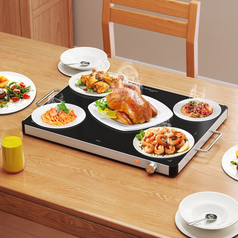 Black Tempered Glass Galvanized Steel Electric Warming Tray with 3 Temp Settings - 24" x 16.5" x 1.5"