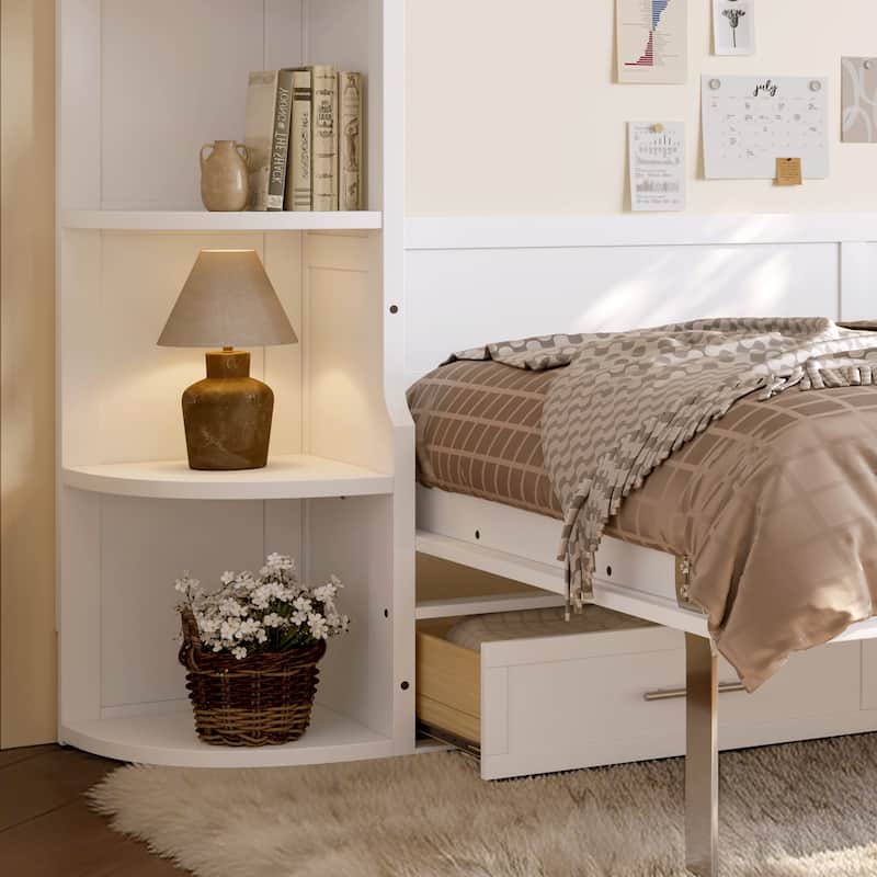 Murphy Platform Bed with Side Cabinets & Drawers, Wall Bed with Shelf for Home Office, Queen or Full