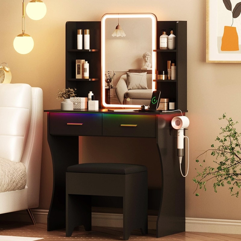Vanity Desk with LED Lights Mirror & Power Outlet