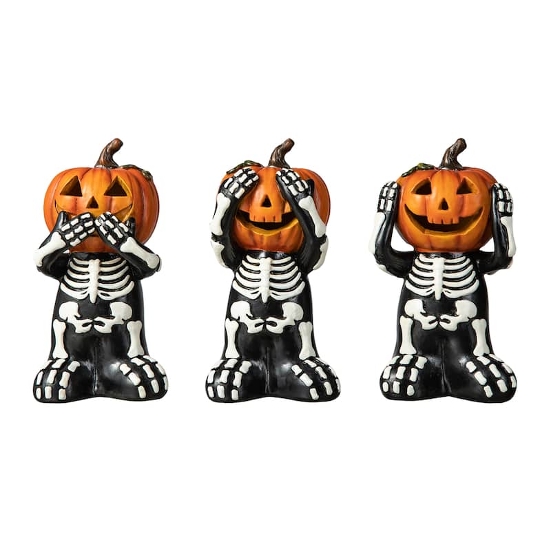 Glitzhome 5.75"H Set of 3 Halloween Resin Skeleton Pumpkin Table Decor - Black
