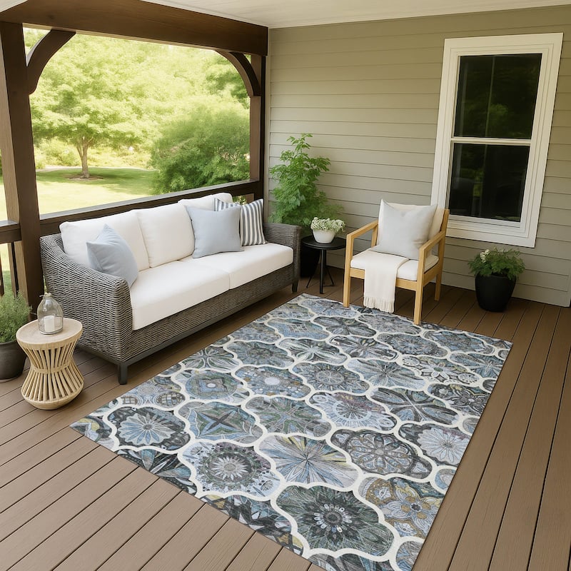 Machine Washable Indoor/ Outdoor Trellis Mosaic Chantille Rug - Blue - 5' x 7'6"