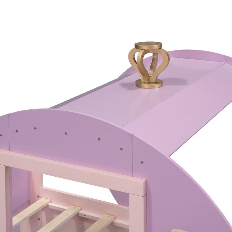 Twin Size Princess Carriage Bed with Crown, Wood Platform Car Bed with Stair, Purple and Pink