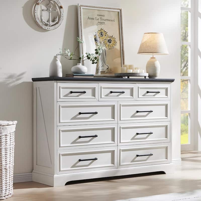 Farmhouse 9 Drawers Dresser Chests for Bedroom, Wood Chest of Drawers - Off White