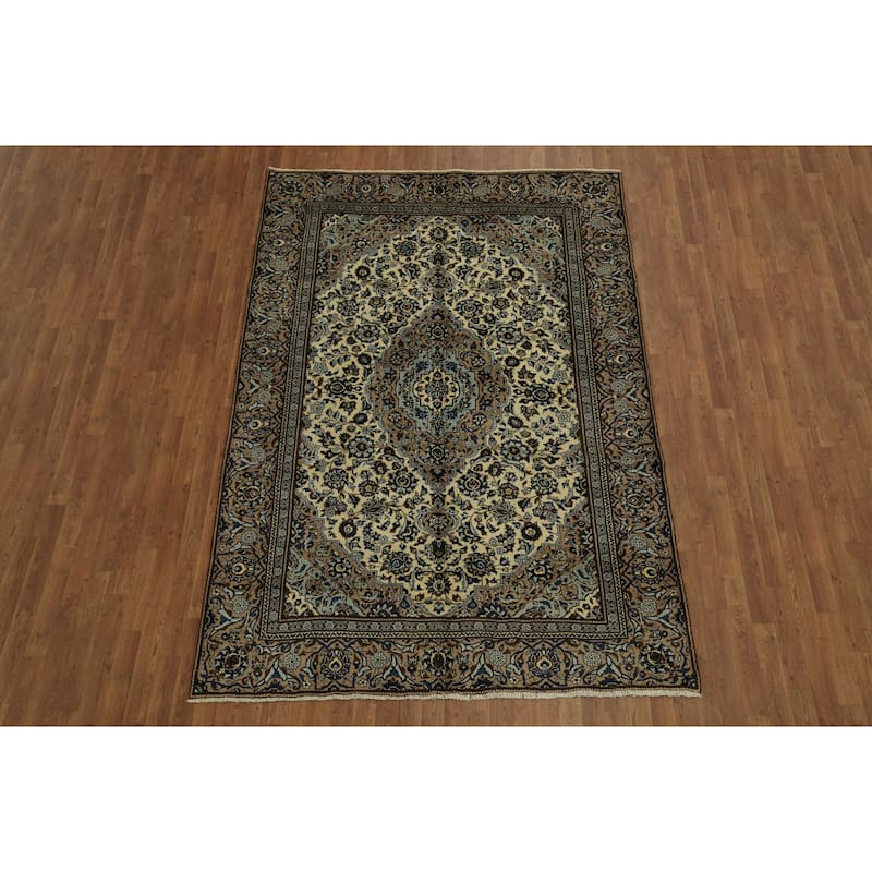 Hand Knotted Oriental 100% Wool Carpet Traditional Floral Beige & Ivories Kashan Area Rug - 9' 3'' X 6' 2''
