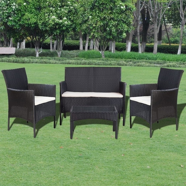 vidaXL 4 Piece Garden lounge Set with Cushions Poly Rattan Black - 42" x 23" x 33"