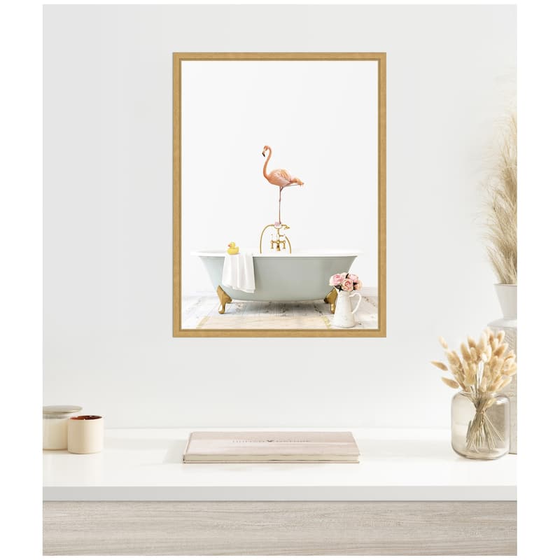 Kate and Laurel Sylvie Flamingo in Cottage Gray Bathtub Framed Canvas by Amy Peterson