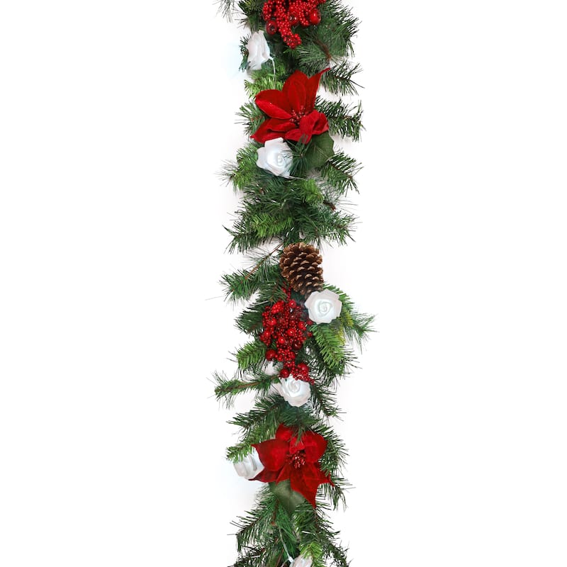 6ft Artificial Mixed Velvet Poinsettia Berry Pine Cone & Pine Christmas Garland with Rose String Light Set - 72" L x 7" W x 5" DP - Red Green
