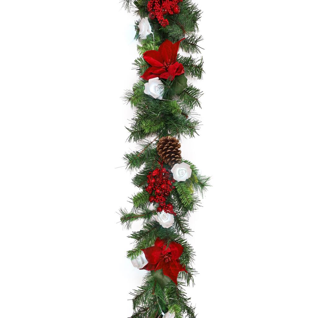 6ft Artificial Mixed Velvet Poinsettia Berry Pine Cone & Pine Christmas Garland with Rose String Light Set