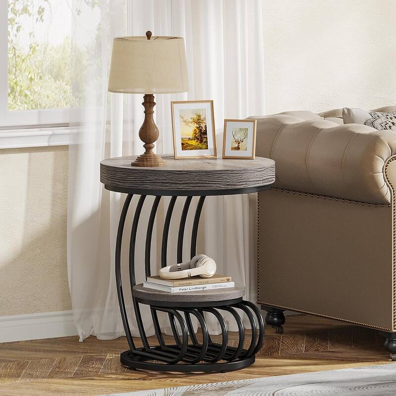 2 Tiers Round End Table with Shelf Storage, Arc-Shaped Side Sofa Table