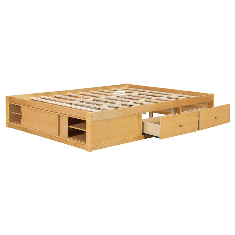 Queen Size Platform Bed Frame with 4 Storage Drawers & Footboard Cubby by Harper&Bright Designs