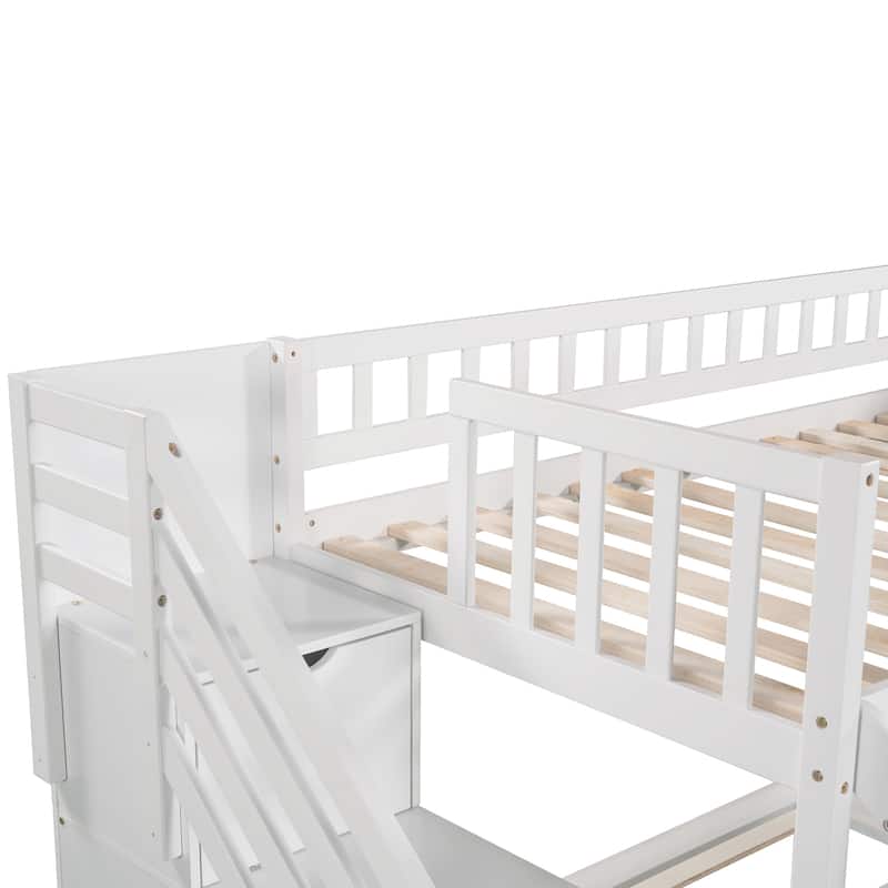 Stairway Twin Size Bunk Bed with Slide and Ladder, Solid Pinewood Twin over Twin Floor Bunk Bed Frame with Storage Staircase