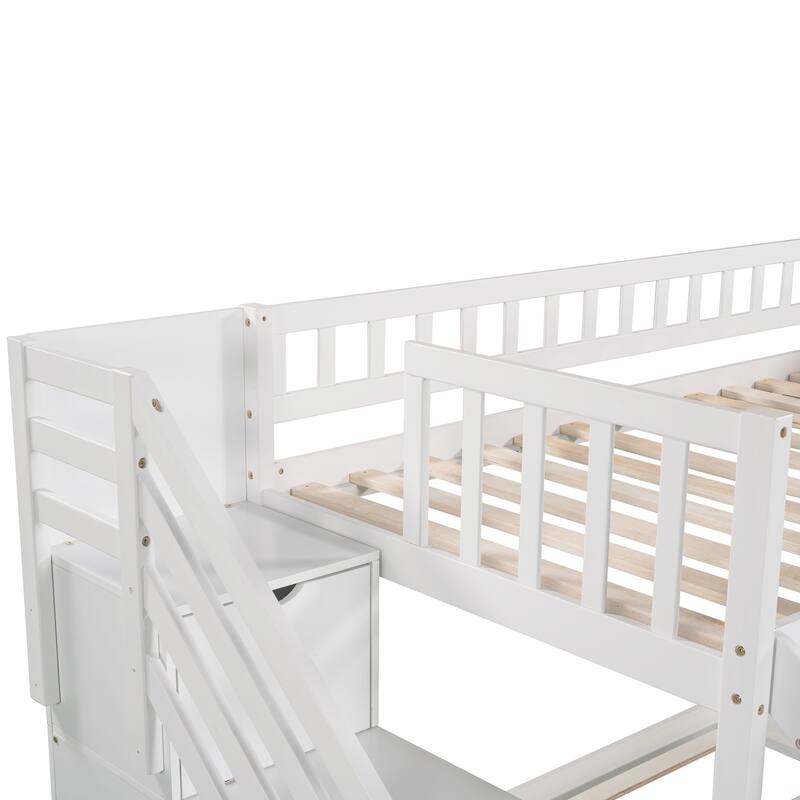 Twin over Twin Bunk Bed with Storage Stairs and Slides, Low Profile Platform Bed, Daybed and Floor Bed Set, No Box Spring Need