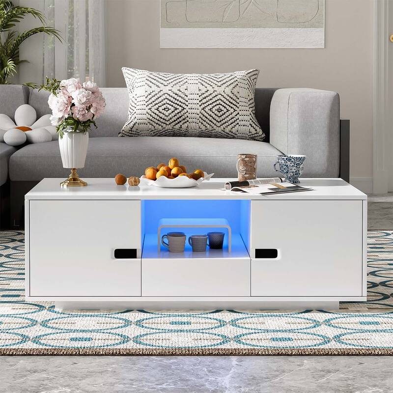 Functional Modern Rectangle Coffee Table with Storage and LED Lights,Ideal for Enhancing Living Room - White