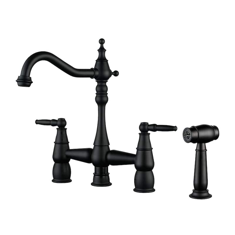 WOWOW 4 Hole Double Handle Bridge Kitchen Faucet with Side Sprayer - Matte Black