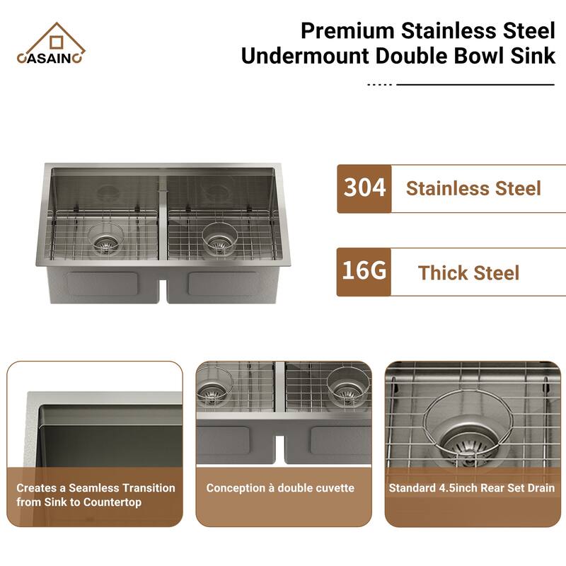 Stainless Steel 33 in. Double Bowl Undermount Workstation Kitchen Sink with Kitchen Faucet and Accessories