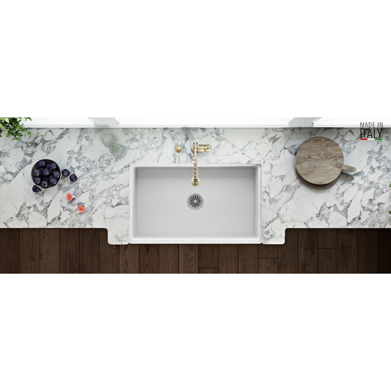 Ruvati 33 x 20 inch Fireclay Reversible Farmhouse Apron-Front Kitchen Sink Single Bowl - White -