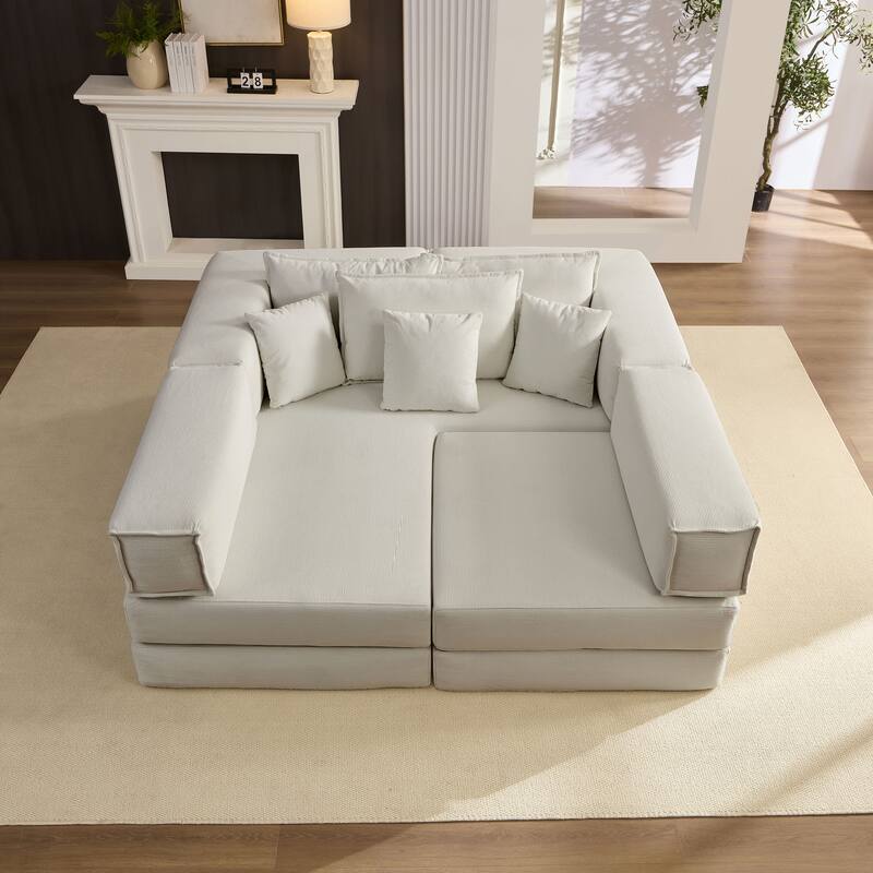 DIY Modular Corduroy L-Shaped Floor Sofa Set with 6 Pillows