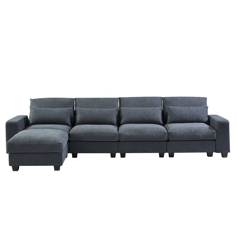 129.9" Chenille L-Shape Sectional Sofa with Reversible Chaise, Feather-Filled Cushions and Spring Support