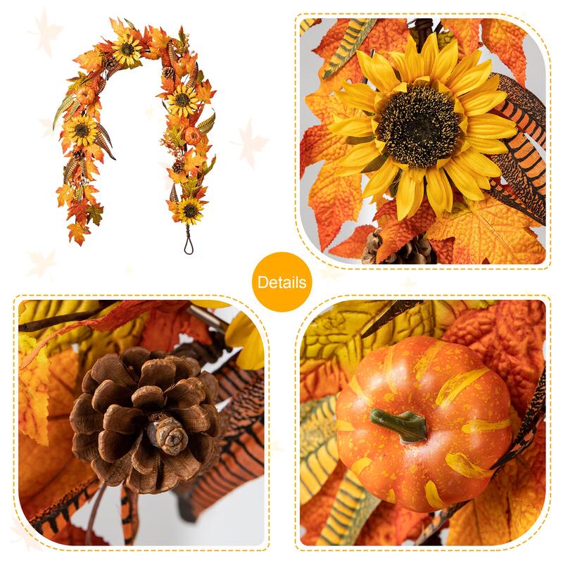 Glitzhome Fall Maple Leaf Sunflower Garland & Dahlia Pumpkin Wreath