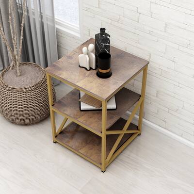 Alazyhome Wood Coffee Table with Storage three Open Shelf, Gold Metal Frame