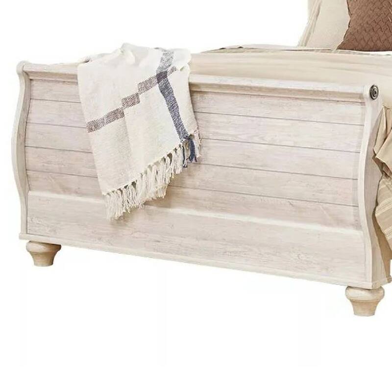 Isla Queen Sleigh Bed, Faux Planks, Carved Metal Accent, Whitewash Wood
